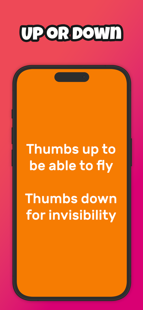 Cheers party game screen showing an Up or Down prompt for choosing between flying and invisibility.