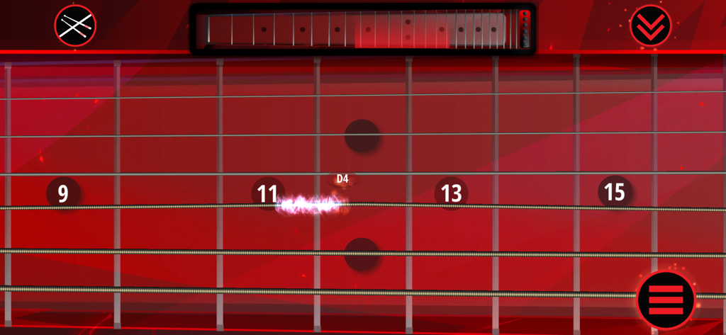 The Best Electric Guitar - 弦とフレット番号が表示された赤いフレットボードを示すエレキギターシミュレーターアプリのインターフェイス。
