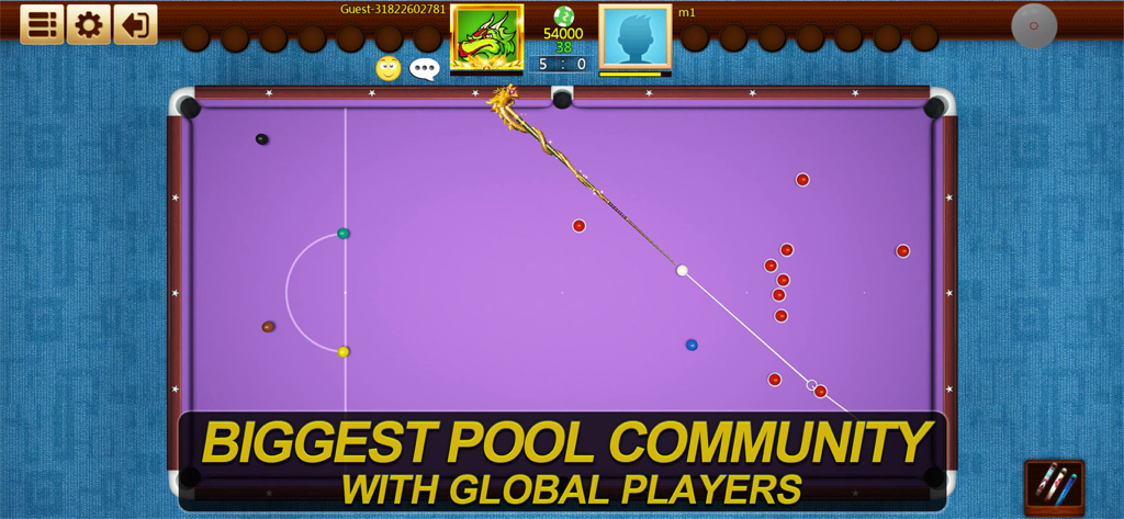 Uma partida de snooker no Real Pool 3D com um taco temático de dragão e uma mesa roxa com rankings globais de jogadores.