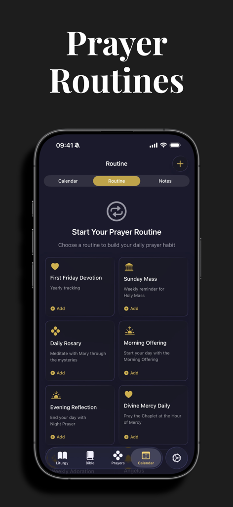 Lumen: Bible & Daily Readings - Pantalla del iPhone mostrando la sección de rutinas de oración de la aplicación Lumen con opciones devocionales diarias como Misa Dominical y Rosario Diario.