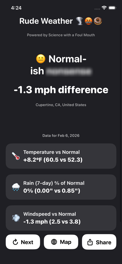 Interface of Rude Weather app showing weather departures from historical normals for temperature rain and wind
