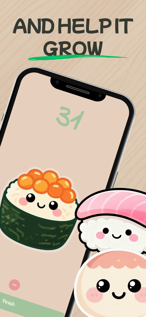 Smartphone screen showing the Kawaii Sushi Counter app with a cute smiling sushi character and a tally of 31