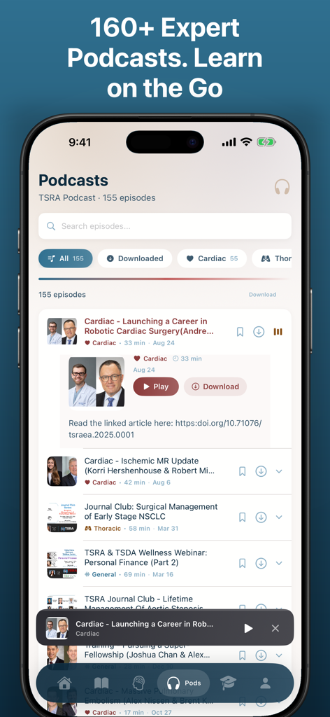 TSRA App podcast library interface for surgical residents