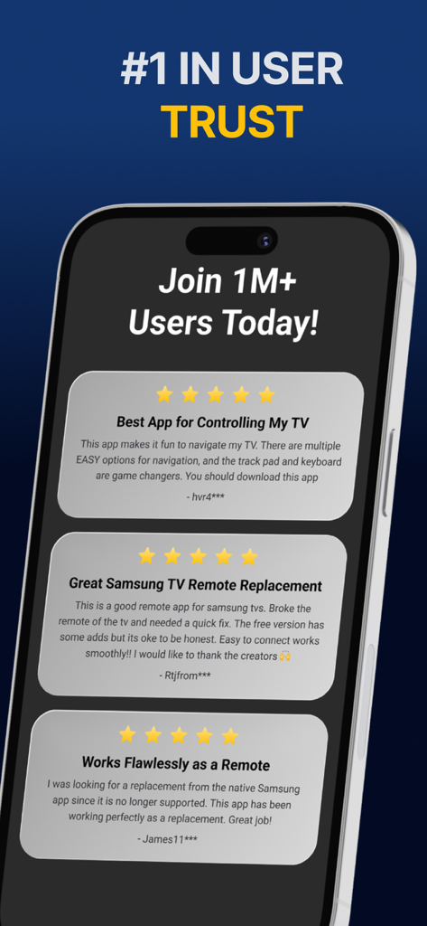 A display of positive five-star user reviews for the Samsung Smart TV Remote Plus app.