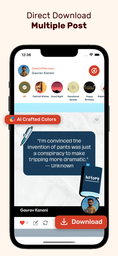 Pixano - Business Post Maker - Pixano app screen displaying a social media post template with a direct download button