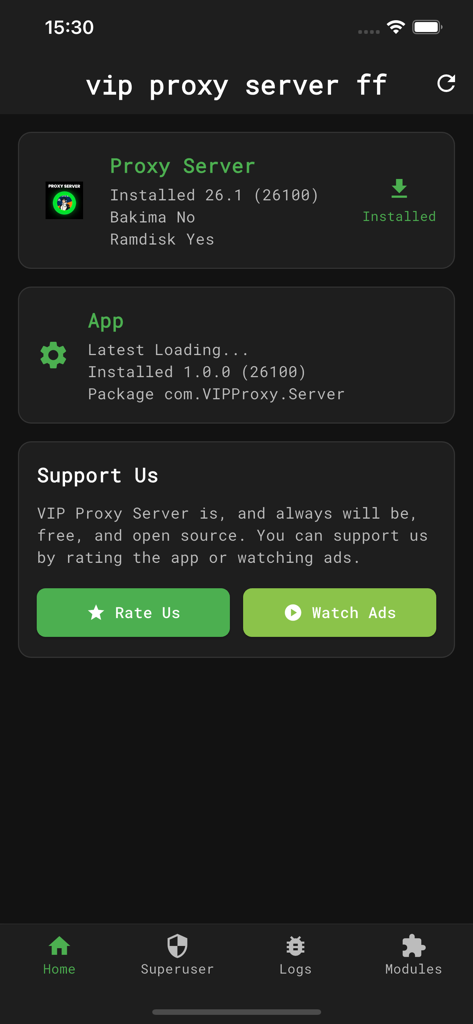 Vip Proxy Server - Home dashboard of the Vip Proxy Server app showing proxy status and support options