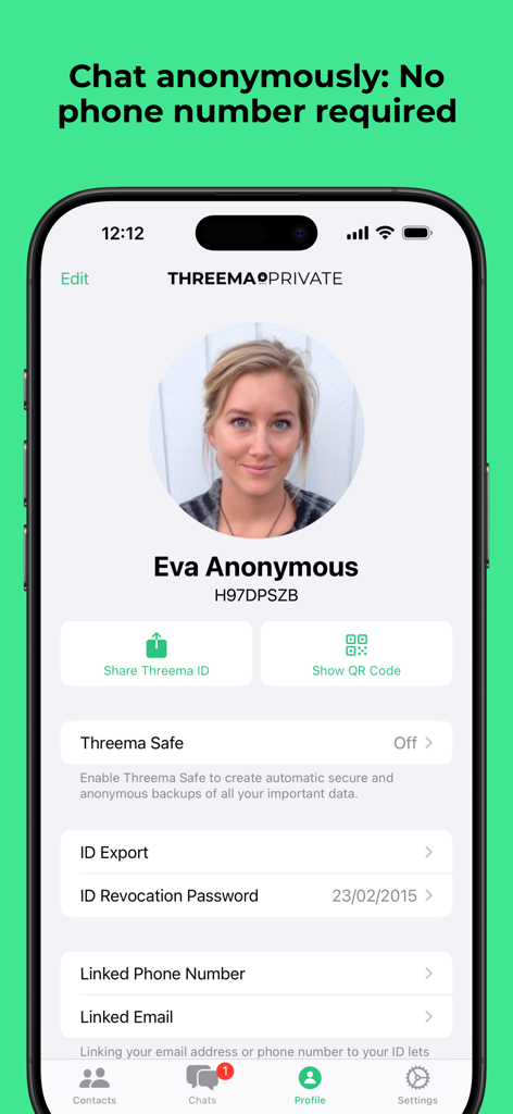Threema app profile screen showing an anonymous ID and settings for secure chatting without a phone number