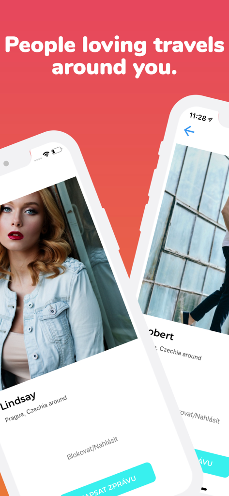 Travel's Chat - Travel & Meet - Interfaccia dell'app Travels Chat che mostra i profili dei viaggiatori nelle vicinanze