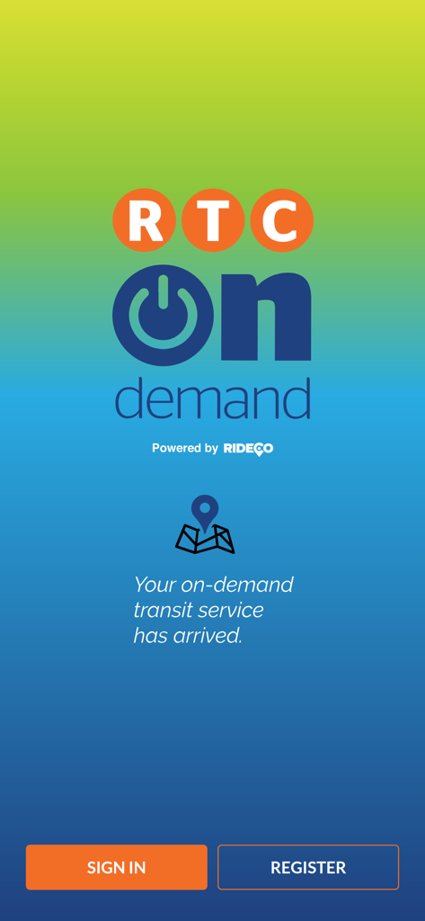 RTC-OnDemand mobile app welcome screen with sign in and register buttons