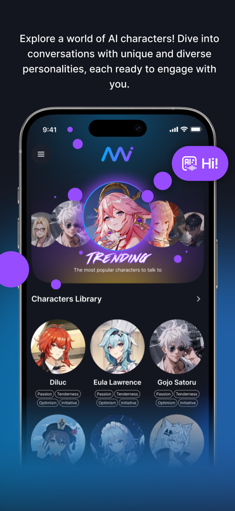 Tela de smartphone mostrando a biblioteca do aplicativo A.A.I. com personagens populares de anime de IA prontos para chat e roleplay