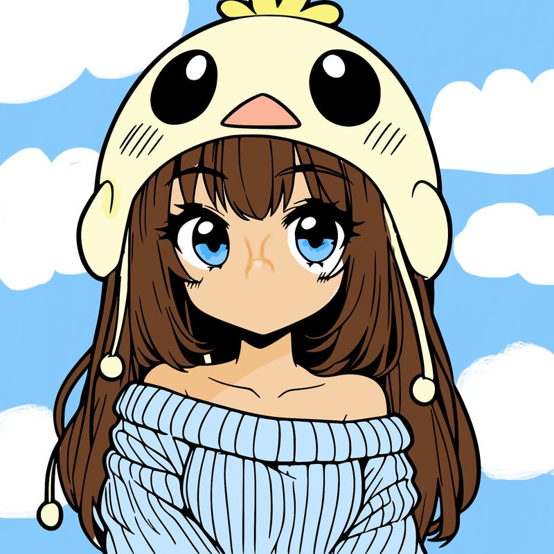 anime girl with chick shaped hat with sweater with bare shoulders with bangs covering them one eye with low tail