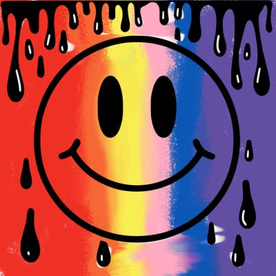 smiley face with drippy black and white background
