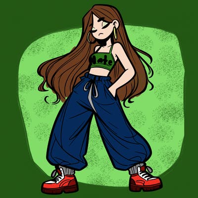 girl in baggy pants crop top and long hair