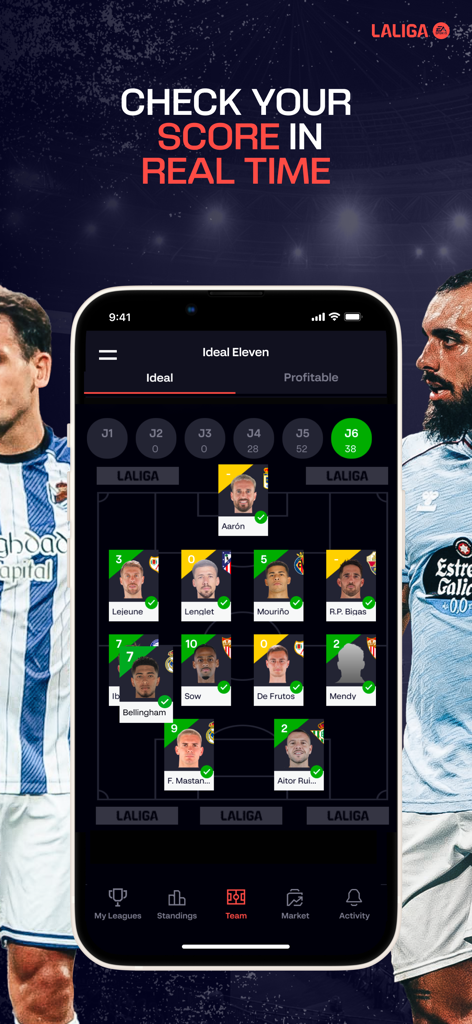 Seguimiento de puntuación en tiempo real y alineación ideal en la aplicación LALIGA FANTASY soccer manager.