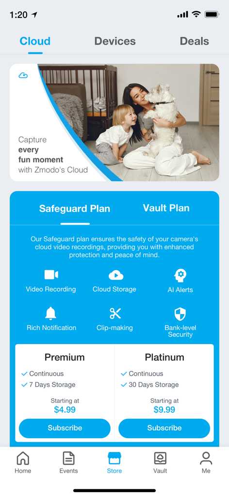 Zmodo - Zmodo app interface showing Safeguard Plan subscription tiers for Premium and Platinum cloud services