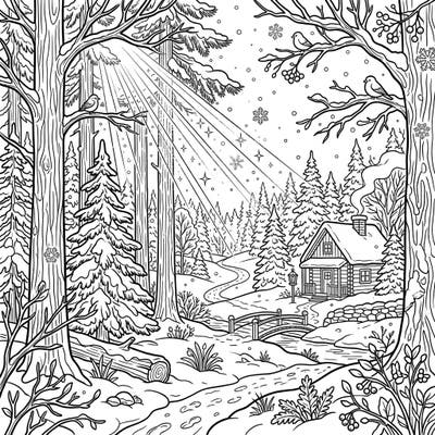 Discover the quiet beauty of winter with this enchanting coloring page, featuring sunbeams illuminating a snowy forest scene. Designed with seniors in mind, it offers clear outlines and a heartwarming landscape perfect for a relaxing creative escape.