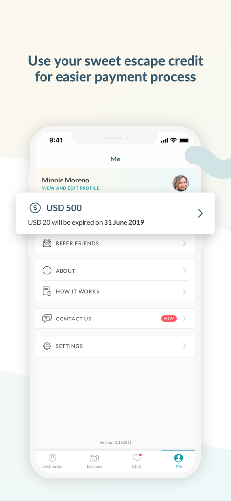 User profile screen of the SweetEscape app showing an account credit balance of 500 USD.