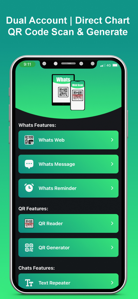 Interface do aplicativo Web scan 2024 mostrando recursos como Leitor de QR Whats Web e Repetidor de Texto