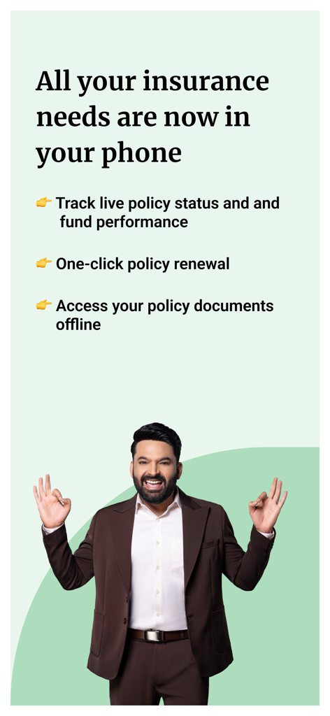 Policybazaar-Compare.Buy.Save. - Capture d'écran de l'application Policybazaar affichant les fonctionnalités de suivi et de renouvellement d'assurance