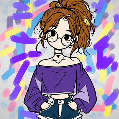 girl with a messy ponytail glasses a baggy crop top and jean shorts