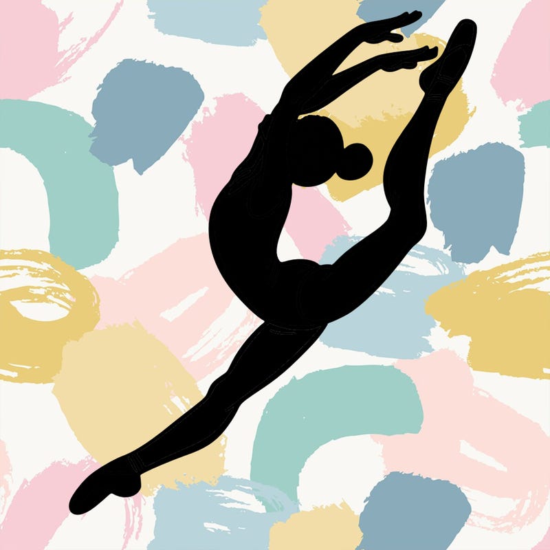 gymnast doing a leap in a leotard with a bent back leg