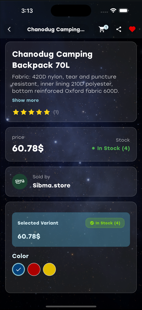 Aurora Store - Pantalla de la aplicación móvil mostrando una página de producto para una mochila de campamento de 70L en Aurora Store