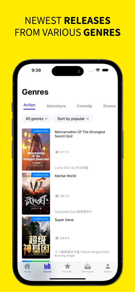 NovelFull - Top Novel Reader - NovelFull app screen showing various genres like Action and Adventure with a list of popular web novels