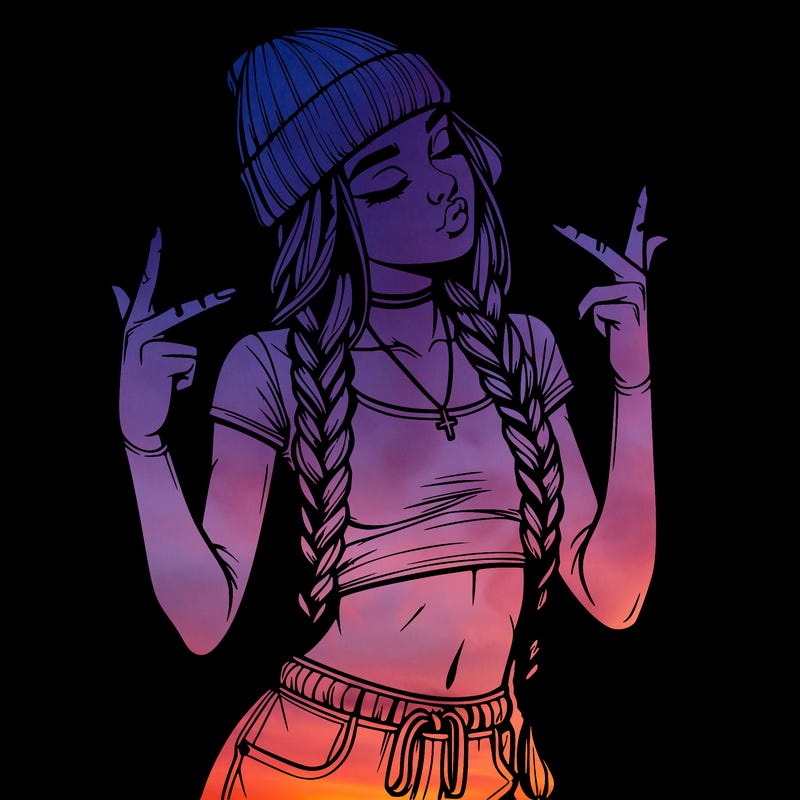 realistic teenage girl with braids and a beanie and crop top doing 🫶🏼