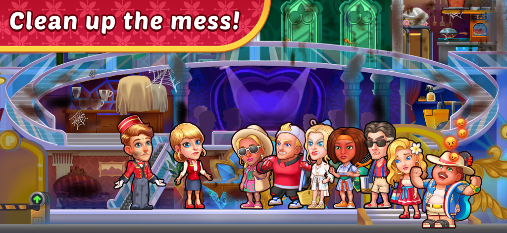 Huéspedes enfadados en un vestíbulo de hotel desordenado listos para la limpieza