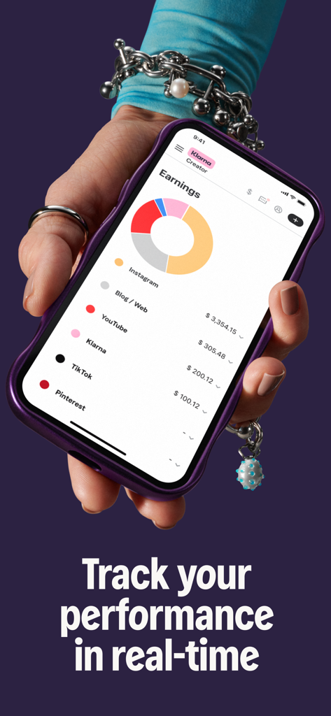 Klarna Creator Platform - Application Klarna Creator affichant un tableau de bord des revenus avec suivi des revenus des réseaux sociaux et métriques de performance