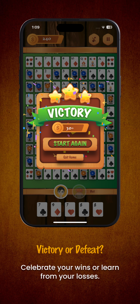 Pantalla de victoria en el juego móvil Sequence Royale que muestra estrellas y recompensas de monedas.