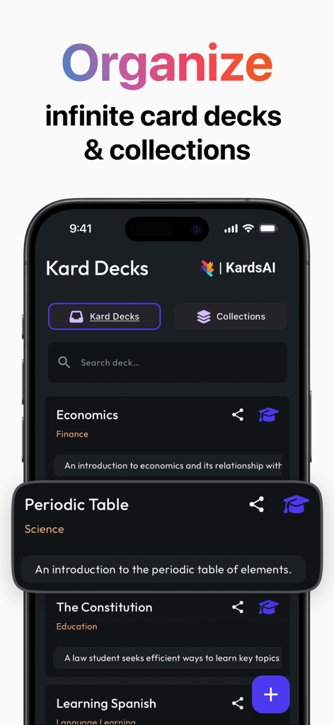 KardsAI app interface showing a list of organized flashcard decks for different academic subjects