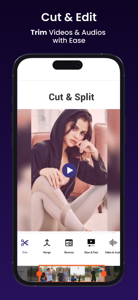Ai Photo Retouch -Video Editor - Interfaccia di un editor video mobile che mostra le funzioni di taglio e divisione per contenuti di social media.