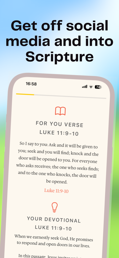 Bible Mode app interface showing a scripture verse and devotional content to reduce screen time.
