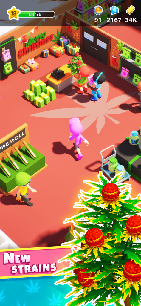 Weed Inc 420: Blaze & Trade - In-Game-Ansicht einer Weihnachts-Themen-Cannabis-Verkaufsstelle, die Kunden und neue Pflanzenarten in Weed Inc 420 zeigt