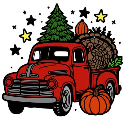 a vintage pick up truck with pumpkins, a turkey and a christmas tree