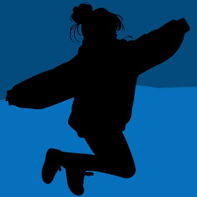 realistic girl jumping with a bun and oversized sweatshirt