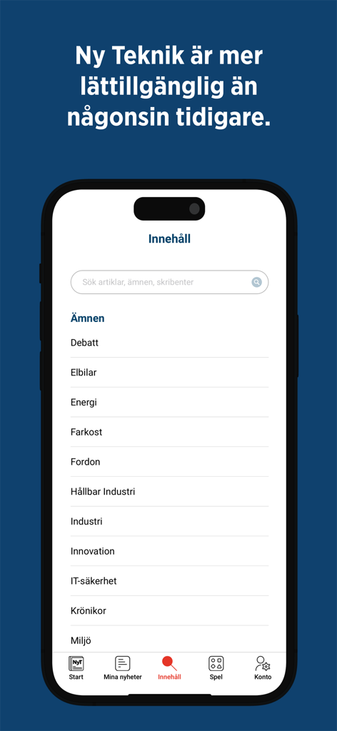 The content search screen of the Ny Teknik Nyheter app showing category topics like electric cars energy and innovation
