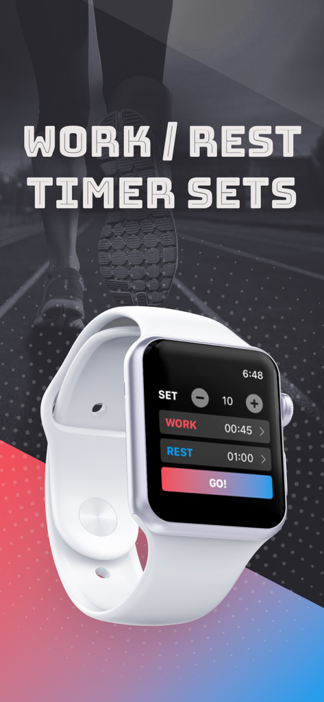 interval timer hiit or running - Apple Watch mostrando la configuración de la aplicación de temporizador de intervalos para entrenamientos HIIT con ciclos de trabajo y descanso.