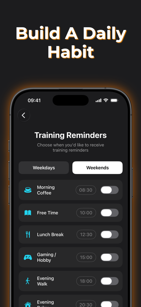 Kegel Men: Pelvic Floor PFM - A screen in the Kegel Men app for setting daily pelvic floor training reminders like morning coffee and lunch break