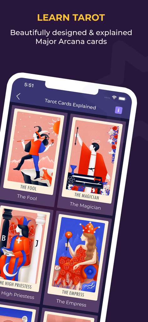 Pantalla de la aplicación móvil que muestra ilustraciones y significados de las cartas del Arcano Mayor del tarot.