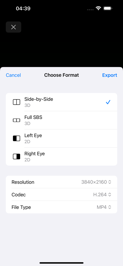 Pantalla de selección de formato con opciones de exportación 3D Lado a Lado y 2D
