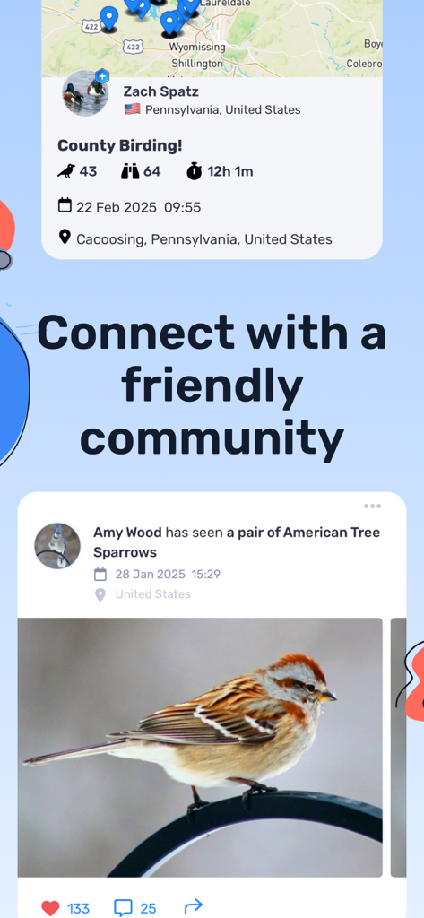 Feed social dell'app Birda che mostra gli avvistamenti di uccelli degli utenti e un'interfaccia comunitaria amichevole con una foto di un passero.