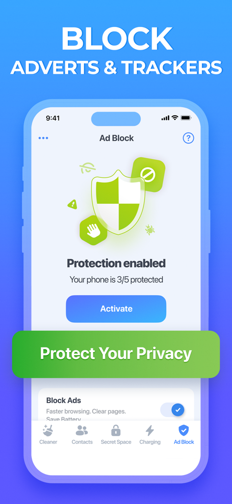 iPhone screen showing the iKit Cleaner ad block and tracker protection interface