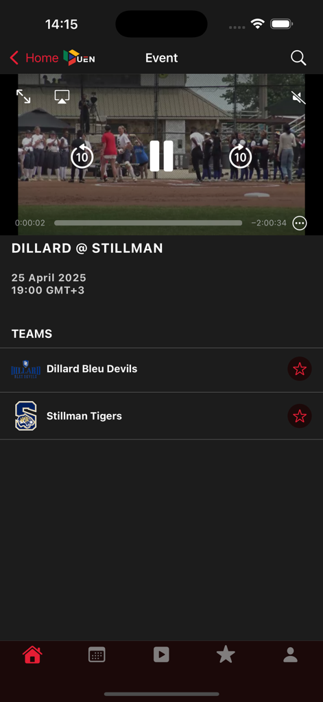 Urban Edge Network | UEN - Urban Edge Network app interface displaying a live collegiate sports event between Dillard and Stillman with playback controls