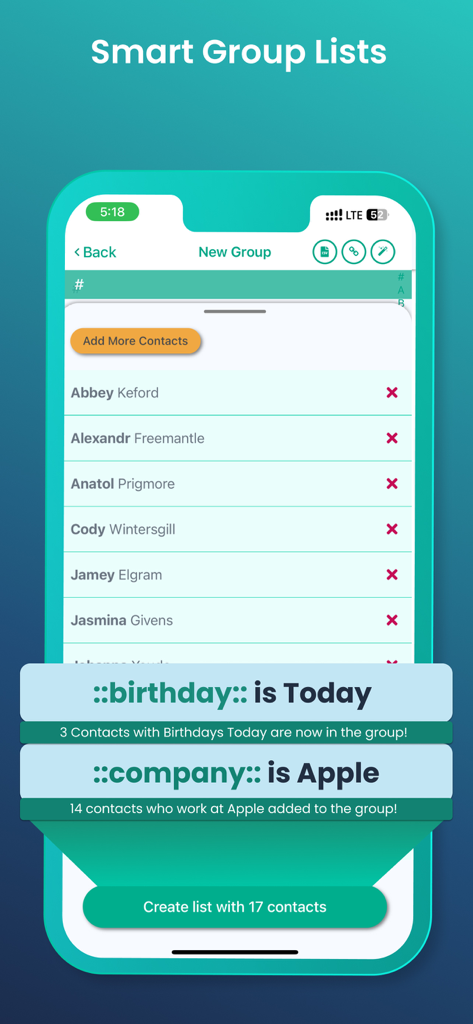 A screenshot of Hit Em Up app's Smart Group Lists feature showing automated contact selection based on birthday and company tags.