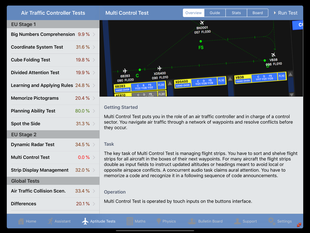 Interface of the SkyTest Air Traffic Controller app showing aptitude test modules and Multi Control Test instructions.