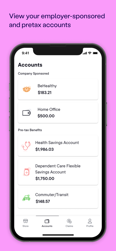 Forma: Flexible Benefit Suite  - Forma app dashboard showing employer-sponsored and pre-tax benefit accounts with current balances.