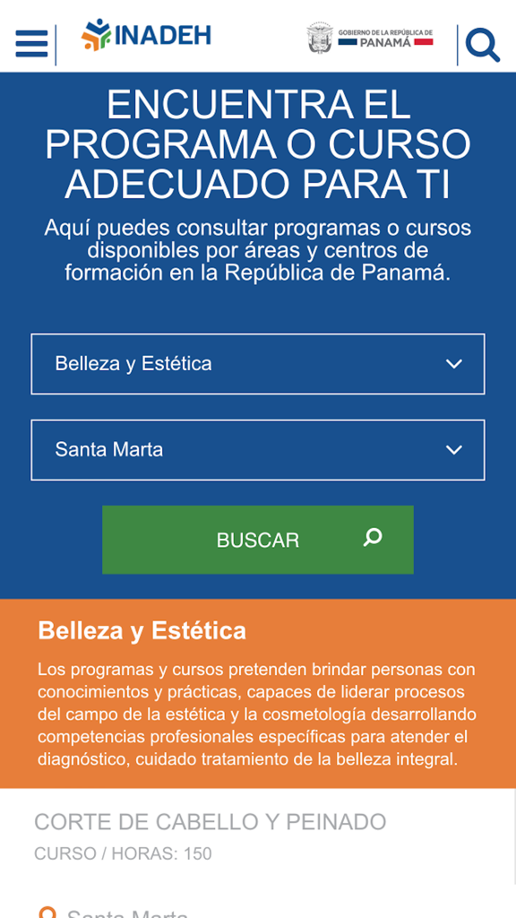 INADEH - Mobile interface of the INADEH app showing search filters for vocational training courses in Panama.