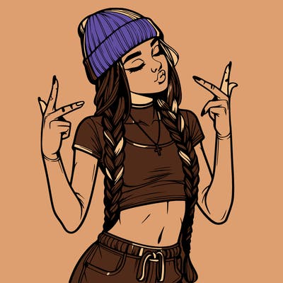 realistic teenage girl with braids and a beanie and crop top doing 🫶🏼